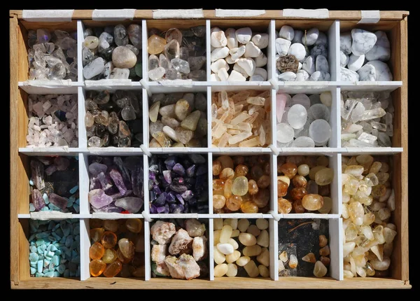 Raccolta Varie Pietre Minerali Una Scatola Legno — Foto Stock