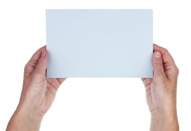 Elderly woman holds a blue clean paper