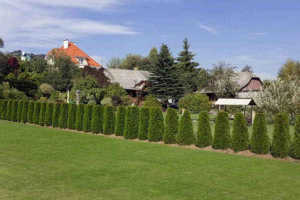 Ідеальна газонна галявина біля села — стокове фото
