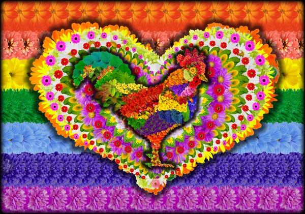 Gallo francese e simbolo del cuore sulla bandiera arcobaleno — Foto Stock