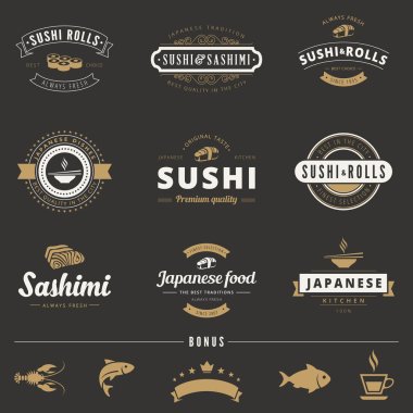 Suşi rulo Sashimi Hipster Logo tasarım vektör tipografi mektup
