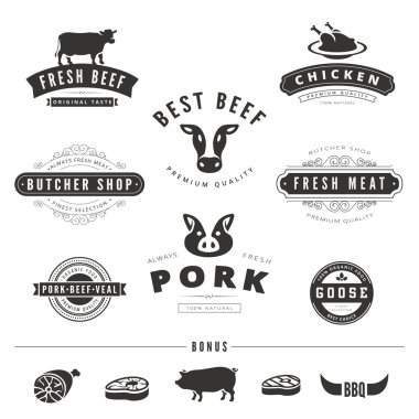 Mangal barbekü inek domuz Retro Vintage etiketleri Logo tasarım vektör typogr