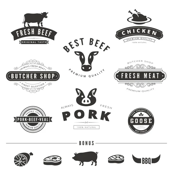 Grill BBQ Cow PIG Retro Vintage Labels Logotipo diseño vector typogr — Archivo Imágenes Vectoriales