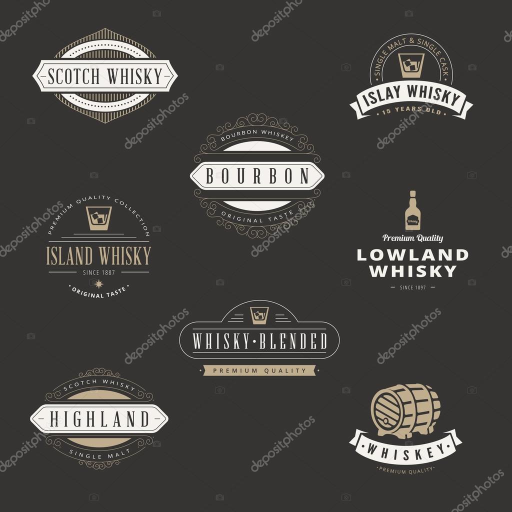 Whisky Hipster Logo design vector typography lettering templates. Bar Whiskey Retro Vintage Labels for Scotch, Bourbon.