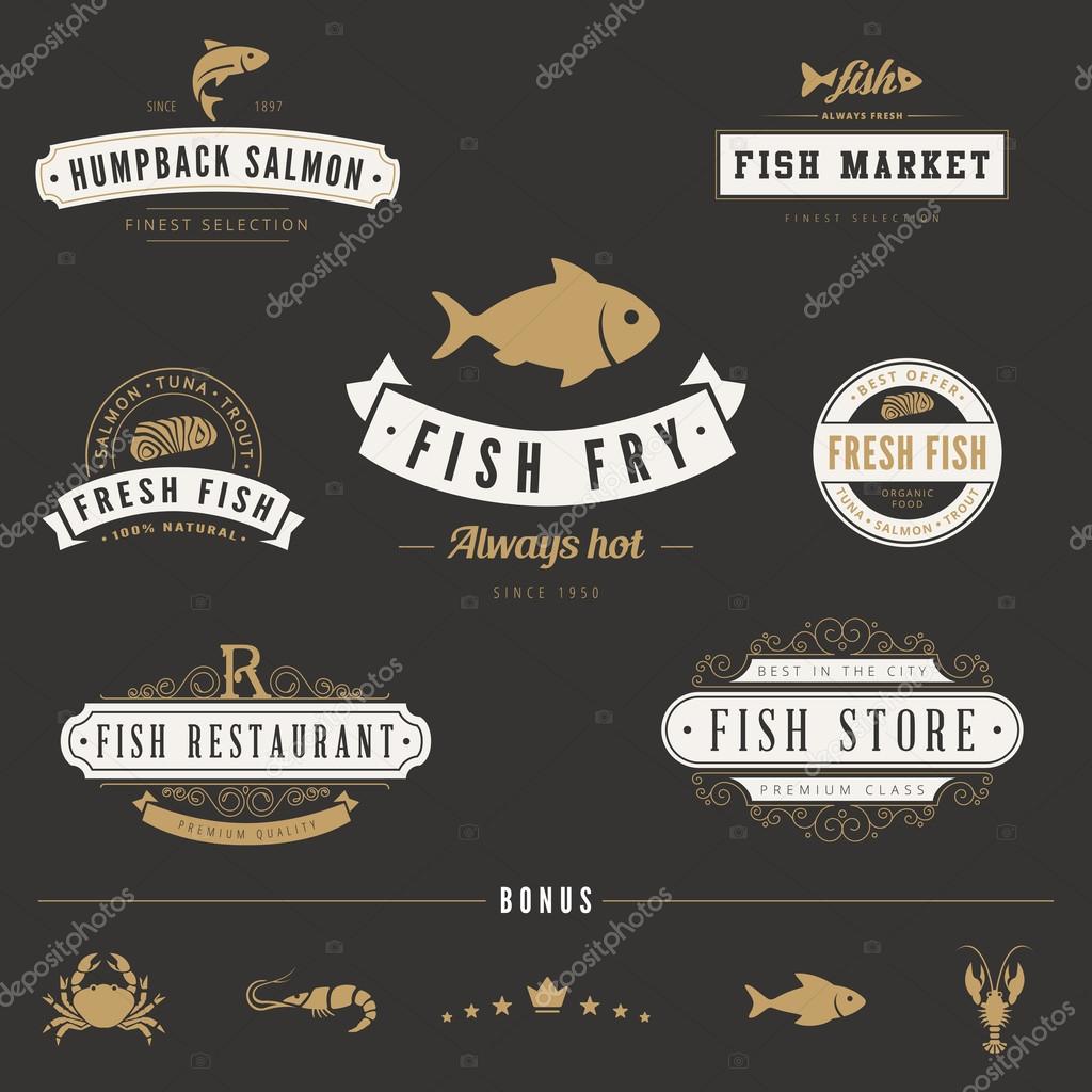 Fish Seafood Retro Vintage Labels Logo design vector typography lettering templates.