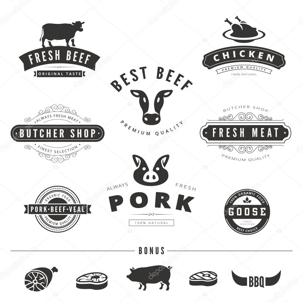 Grill BBQ Cow PIG Retro Vintage Labels Logo design vector typogr