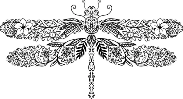 Vektorové Ilustrace Dekorativní Zdobené Krásné Květiny Vážky — Stockový vektor