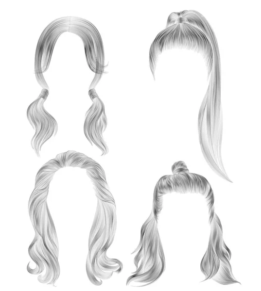 Набір Довгих Жіночих Волосся Чорний Олівець Малюнок Ескіз Жіноча Мода — стоковий вектор