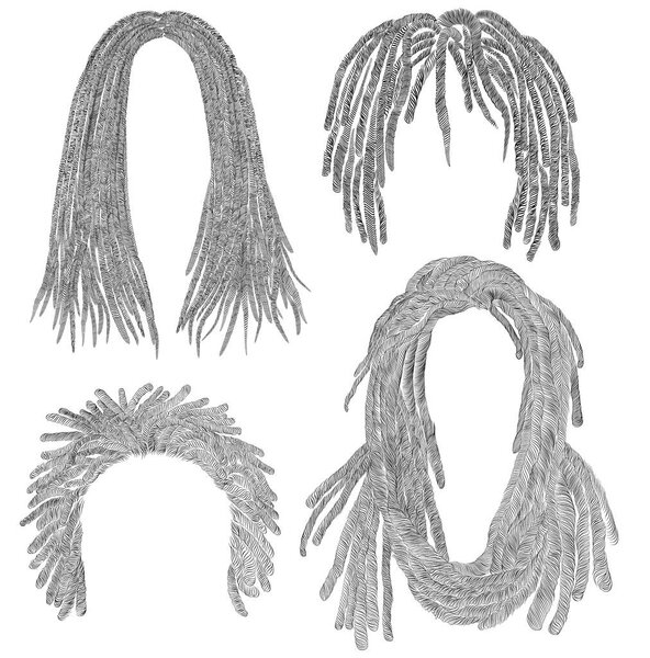 set of african  hairs  . black  pencil drawing sketch .dreadlock