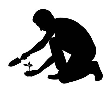 Elinde kürek ve bitki olan bir adamın silueti.