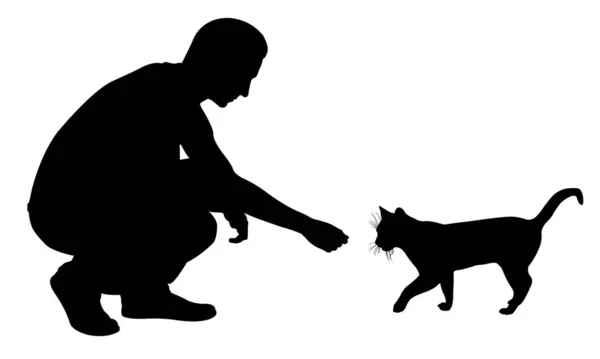 Silhueta Homem Alimentando Gato — Vetor de Stock