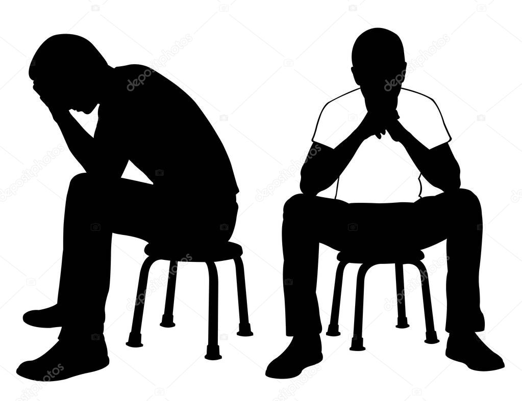 silhouettes of sad men sitting on small chair