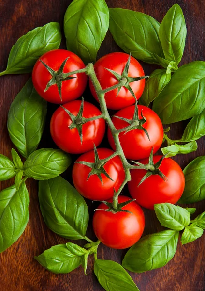 Fresh tomatoes with basil on wooden board — Stock Photo, Image