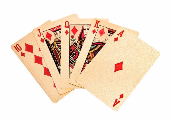 A royal straight flush golden playing cards poker hand in diamonds — Stock Photo, Image