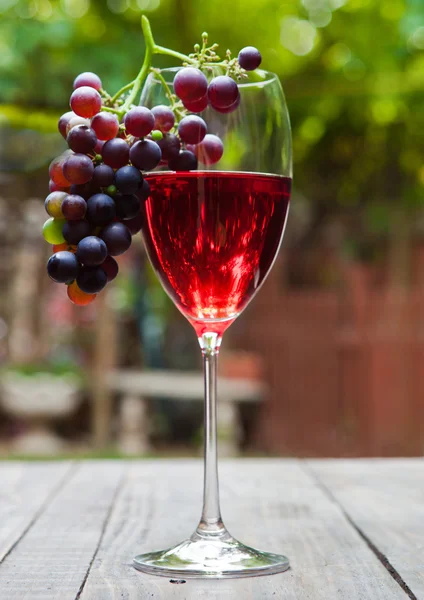 Glas rode wijn met druiven op tafel in het park — Stockfoto