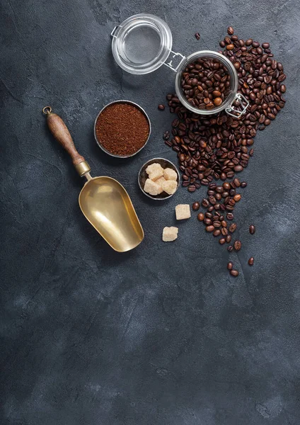 Fresh Raw Organic Coffee Beans Glass Jar Powder Black Background — Stock Photo, Image