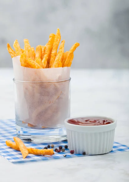 French Fries Potato Chips Glass Tomato Ketchup Pepper Blue Restaurant — Stock Photo, Image