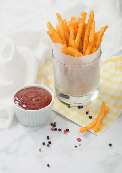 Meal Deal Snack French Fries Potato Chips Glass Tomato Ketchup — Stock Photo, Image