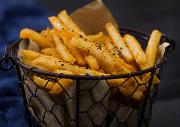 French Fries Chips Snack Bucket Black Stone Board Blue Towel — Stock Photo, Image