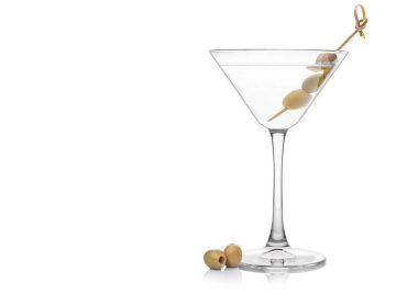 Vodka martini gin cocktail in classic glass with olives on bamboo stickwith fresh green olives on white background. Space for text