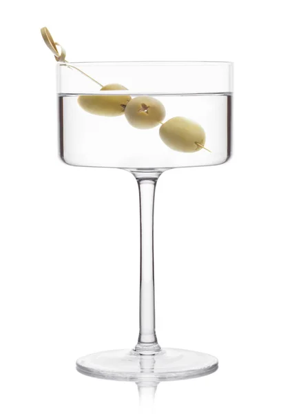 Vodka Martini Gin Cocktail Modern Glass Olives Bamboo Stick White — Stock Photo, Image