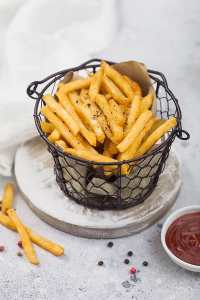 French Fries Chips Snack Bucket Tomato Ketchup Pepper Light Table — Stock Photo, Image