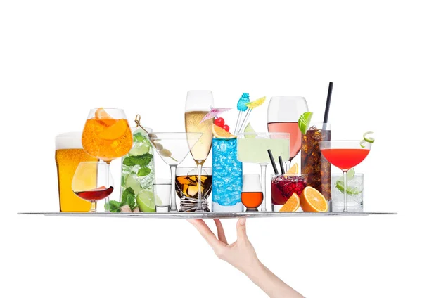 Handschale Mit Verschiedenen Cocktails Mit Eis Isoliert Auf Weißem Hintergrund — Stockfoto