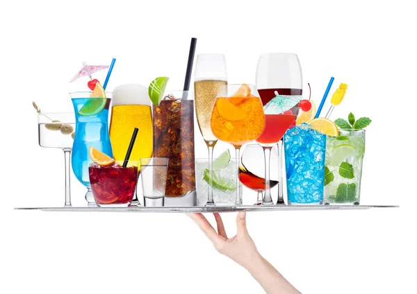 Handschale Mit Verschiedenen Cocktails Mit Eis Isoliert Auf Weißem Hintergrund — Stockfoto