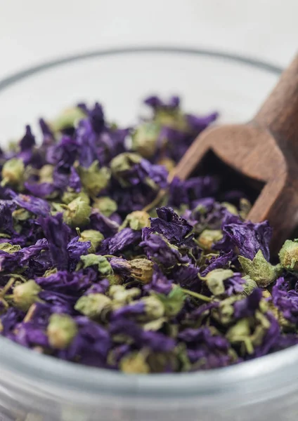 Närbild Blå Malva Blommor Glasburk Med Trä Skopa Vit Bakgrund — Stockfoto