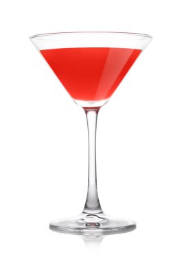 Cosmopolitan cocktail in classic crystal glass with pink cherry on white background. One of the most popular cocktails in the world.