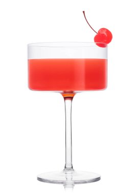 Cosmopolitan cocktail in modern crystal glass with pink cherry on white background. 