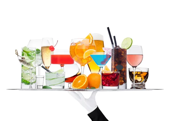 Batler Kellner Mit Weißem Handschuhfach Mit Verschiedenen Cocktails Mit Eis — Stockfoto