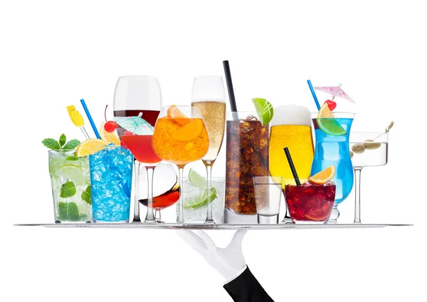 Batler Kellner Mit Weißem Handschuhfach Mit Verschiedenen Cocktails Mit Eis — Stockfoto