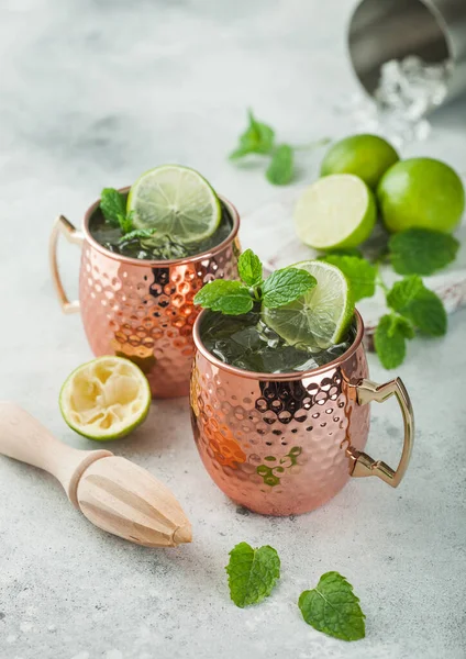 Coquetel Mula Moscou Uma Caneca Cobre Com Limão Hortelã Espremedor — Fotografia de Stock