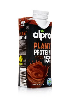 LONDON, UK - DECEMBER 15, 2024: Alpro plant protein chocolate flavour drink on white background.