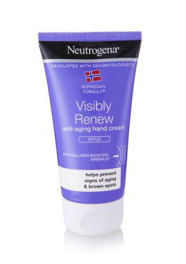 LONDON, İngiltere - 22 EYLÜL 2025: Nötrogena beyaz üzerine yaşlanmayı önleyici el kremini gözle görülür bir şekilde yenile