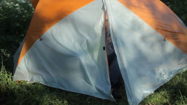 男はテントを開け、電話に触れ、テントを閉じる — ストック動画