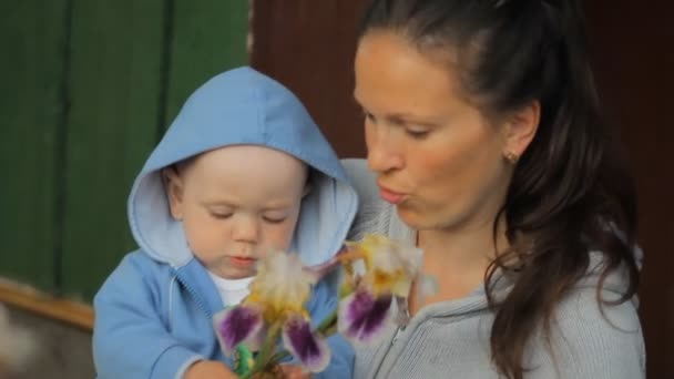 Lilla ungen vidrör en blomma på mina mödrar händer. Pojken är mindre än ett år — Stockvideo