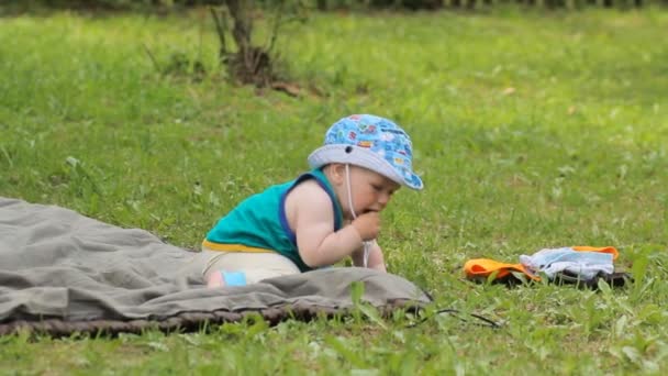 Petit garçon assis dans la prairie, essayant de manger de l'herbe 