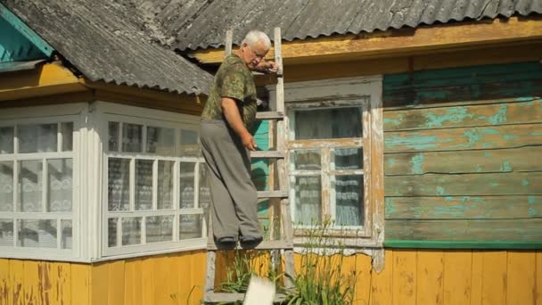 Чоловік намагається полагодити дах. Він стоїть на сходах біля будинку — стокове відео