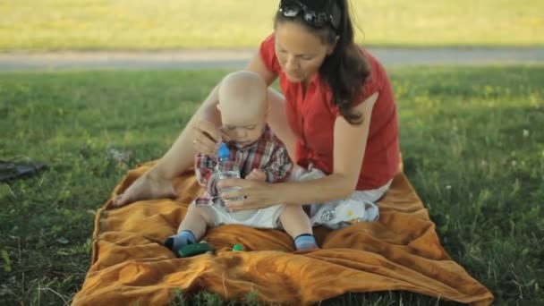 Mamma che gioca con il bambino nel parco. Si siedono su una coperta sull'erba e sorridono — Video Stock