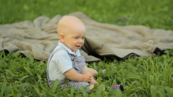 Мальчик, сидящий на траве и играющий на одеяле в саду — стоковое видео