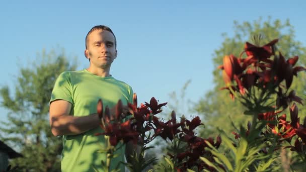 Jovem apreciando as flores no canteiro de flores no início da manhã — Vídeo de Stock