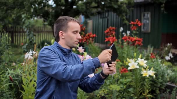 Молодий чоловік використовує планшет для гри біля квітів у саду. Білі, червоні та фіолетові квіти на задньому плані — стокове відео