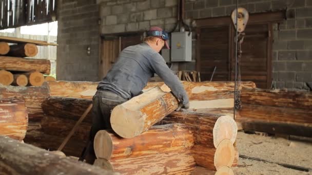 Hombre midiendo un poste de madera en el nivel — Vídeos de Stock