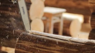 Adam ışın chainsaw gelecekteki ev için sunmaktadır. İnşaat ahşap yapısı ile çalışır. Yakın çekim