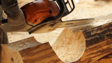 Adam ışın chainsaw gelecekteki ev için sunmaktadır. İnşaat ahşap yapısı ile çalışır. Yakın çekim