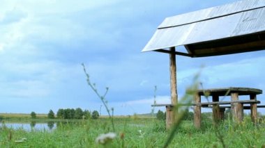 Parlak manzara: mavi su ve yeşil bitki örtüsü su üzerinde bir yaz sabahı