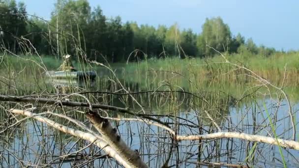 Schwimmt der Fischer in einem Schlauchboot auf dem Fluss. Umgestürzter Baum im Wasser im Vordergrund. Aktivitäten in freier Wildbahn — Stockvideo