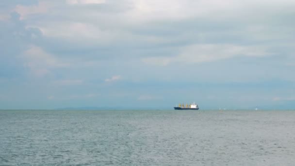 Piękne krajobrazy: małe fale Oceanu Spokojnego, duży statek w oddali i chmury na niebie przed deszczem — Wideo stockowe
